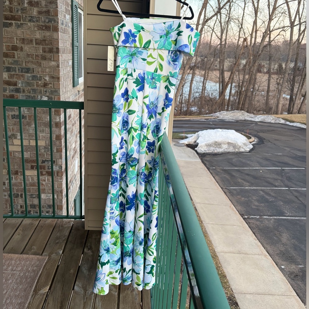 🆕🩵💙💚Eliza J Blue & Green Floral Off-Shoulder Mermaid Gown Size 4,6 Prom Formal - Picture 5 of 17